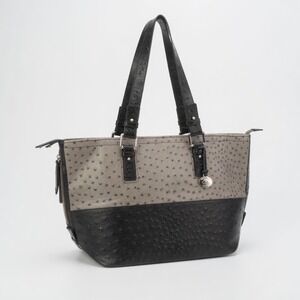 Brahmin Ostrich Embossed Leather Tote Bag Grey Black Two Tone Shoulder Bag